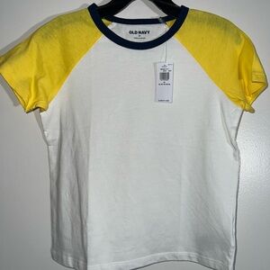 Old Navy White Tee with Yellow Raglan Sleeves and Navy Collar
